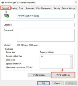 Nhấp vào nút Print Test Page để in trang thử nghiệm