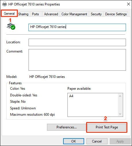 Nhấp vào nút Print Test Page để in trang thử nghiệm