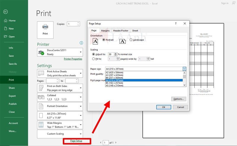 In trong Excel tùy chỉnh Page Setup