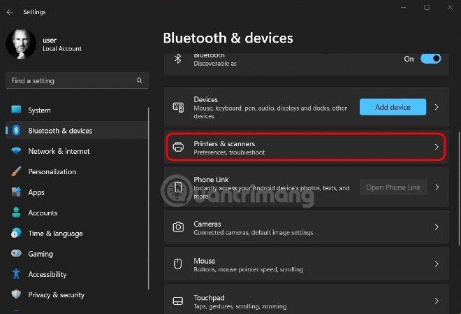 Chọn mục Printers & scanners trong cài đặt Windows 11