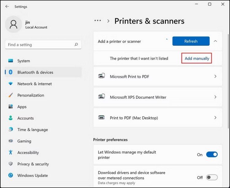 Hộp thoại Add Printer chọn Add manually