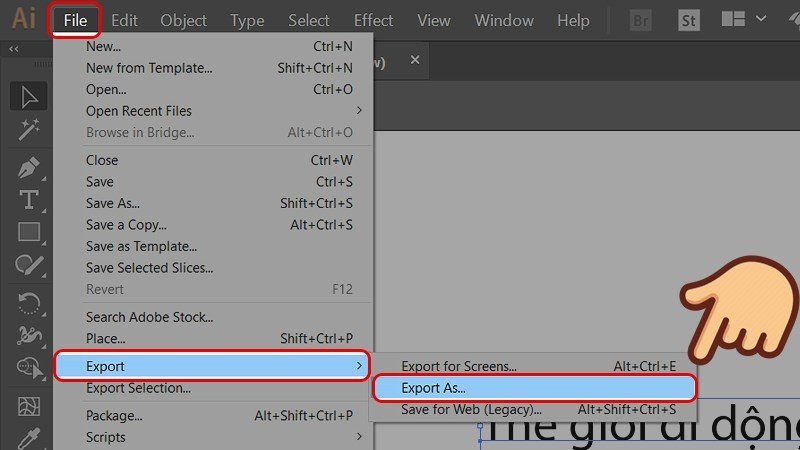 Chọn File > Export > Export As trong AI để xuất file ảnh JPG