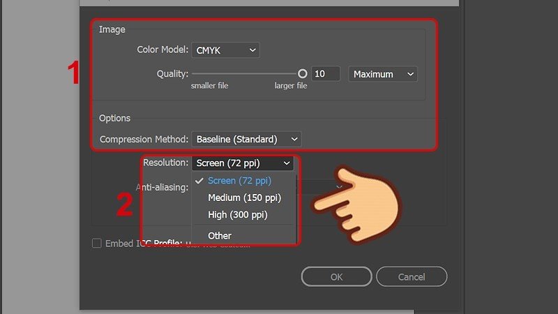 Thiết lập chế độ màu CMYK và chất lượng khi xuất file JPG cho in ấn