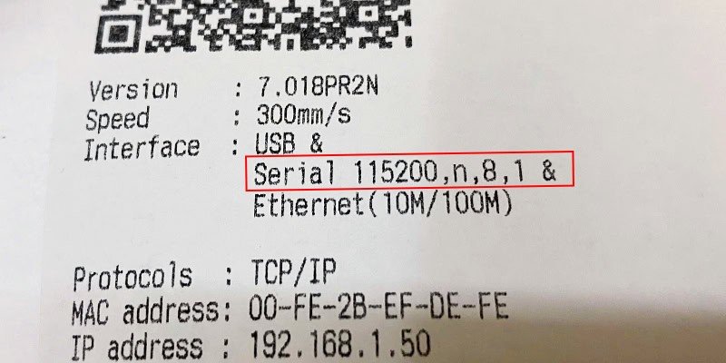 Trang in thử nghiệm hiển thị thông số Serial (Baud rate) của máy in bill Xprinter