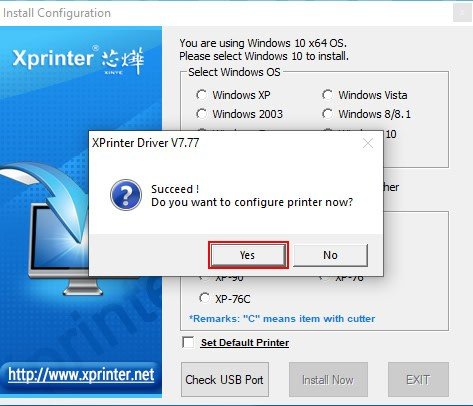 Xác nhận để tiếp tục quá trình cấu hình máy in qua cổng COM