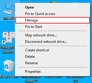 Truy cập Computer Management bằng cách click chuột phải vào This PC và chọn Manage