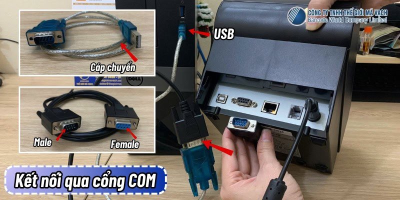 Minh họa việc kết nối máy in bill với máy tính bằng cáp COM hoặc cáp chuyển COM sang USB