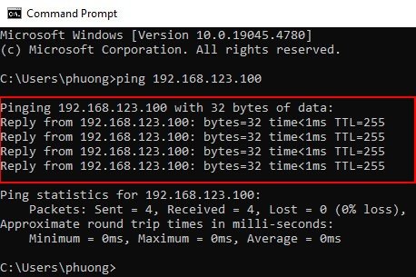 Kết quả thành công khi lệnh ping nhận được phản hồi từ địa chỉ IP máy in