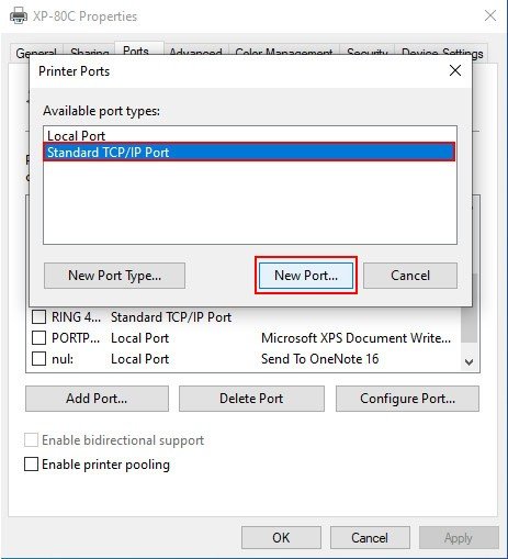 Chọn loại cổng là Standard TCP/IP Port và nhấn New Port