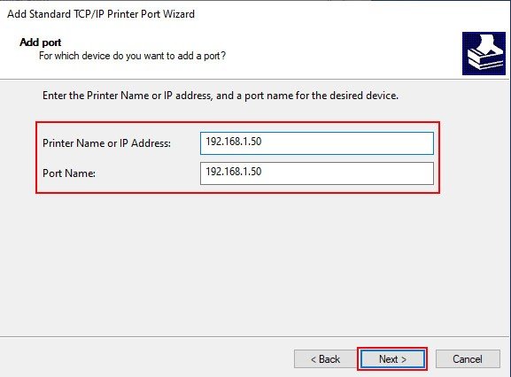 Nhập địa chỉ IP tĩnh của máy in bill đã cấu hình và nhấn Next