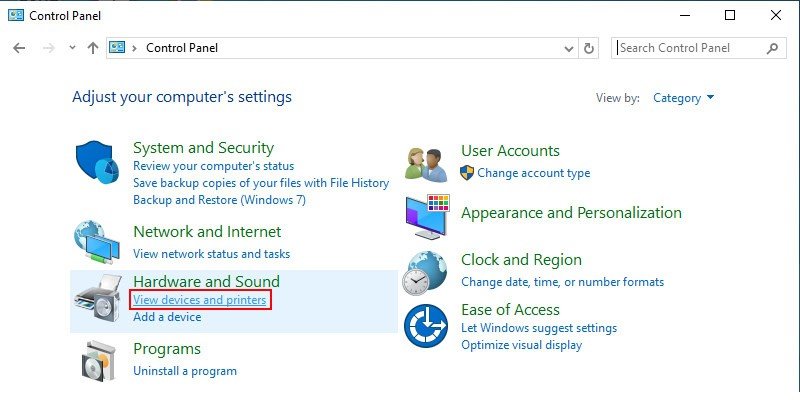 Truy cập mục Devices and Printers trong Control Panel của Windows