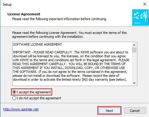 Đồng ý với các điều khoản sử dụng phần mềm bằng cách chọn I accept the agreement