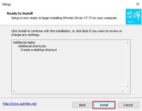 Nhấn nút Install để bắt đầu quá trình cài đặt driver máy in bill