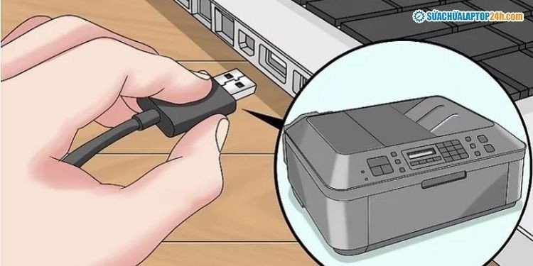 Kết nối cáp USB từ máy in HP vào cổng USB của laptop