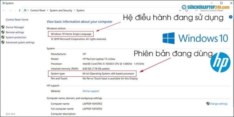 Thông tin chi tiết về hệ điều hành và loại hệ thống của laptop