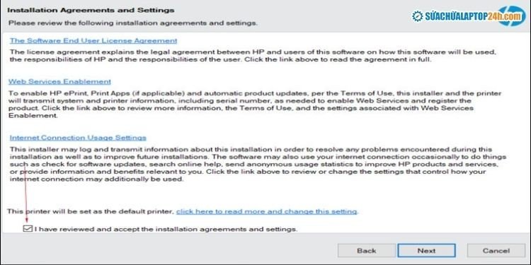 Đồng ý với các điều khoản và điều kiện cài đặt của HP