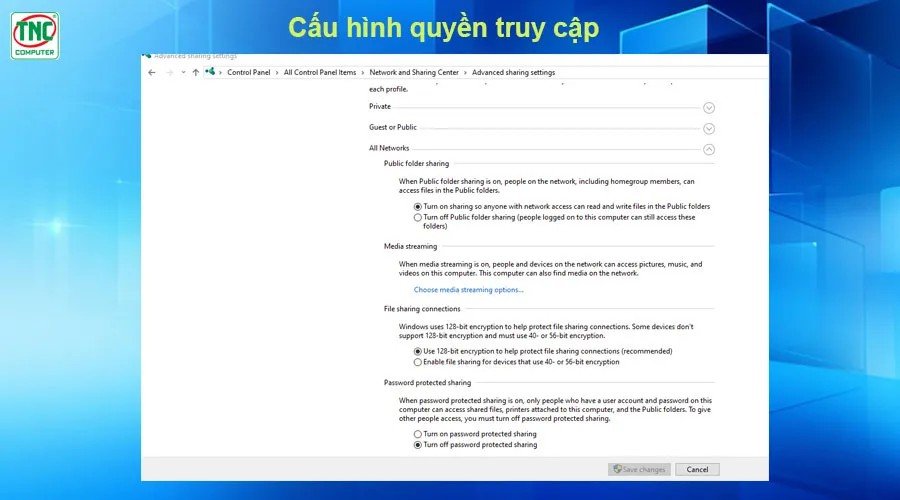 Bật tính năng chia sẻ tệp và máy in trong cài đặt nâng cao