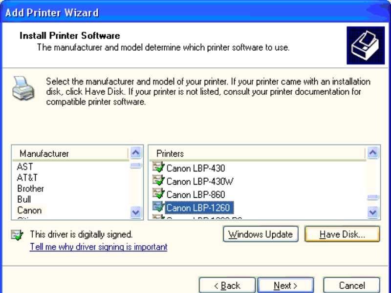 Chọn nhà sản xuất và model máy in khi cài đặt driver
