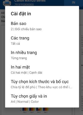Thiết lập tùy chọn in và tiến hành in tài liệu từ điện thoại