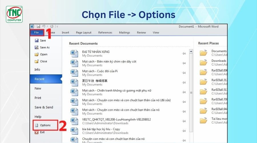 Mở tùy chọn (Options) trong Microsoft Word
