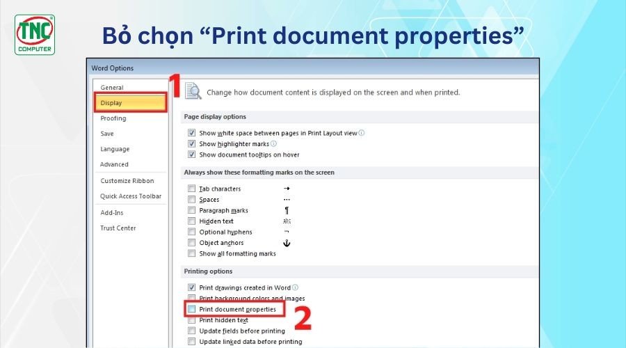 Chọn tab Display trong tùy chọn Word
