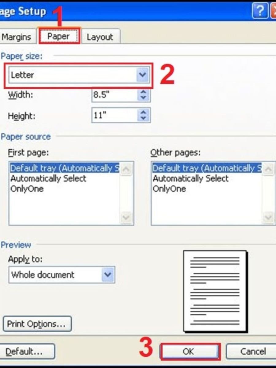 Chọn khổ giấy A3 trong Page Setup của Word 2003