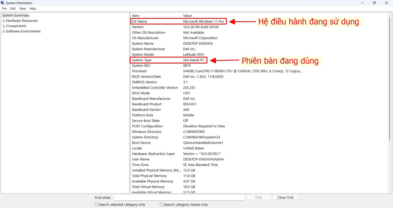 Cửa sổ System Information hiển thị phiên bản hệ điều hành Windows