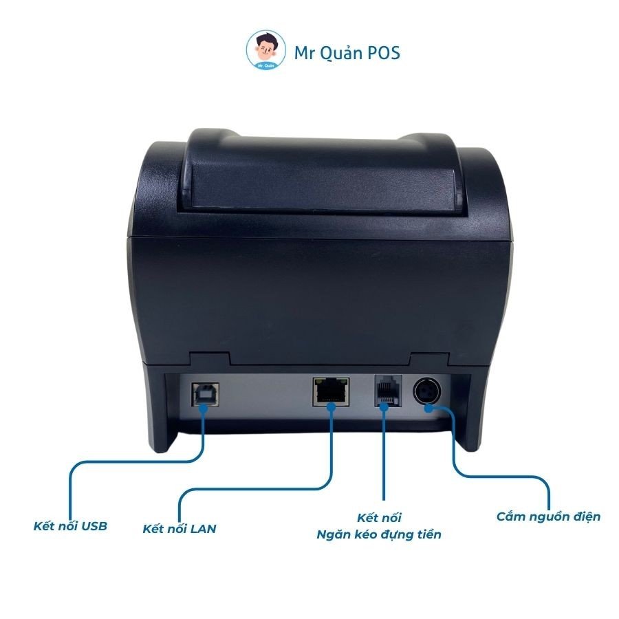 Các cổng kết nối (LAN, USB, RJ11) trên máy in hóa đơn KPOS Zy307 KiotViet