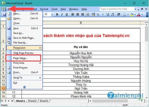 Mở Page Setup từ menu File trong Excel 2003