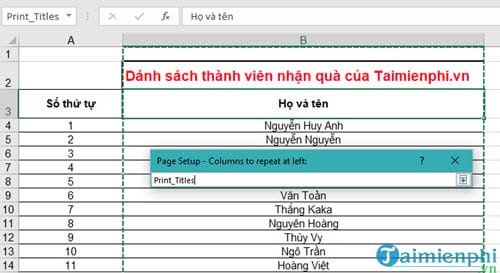 Chọn cột để lặp lại khi in trong cài đặt Page Setup Excel
