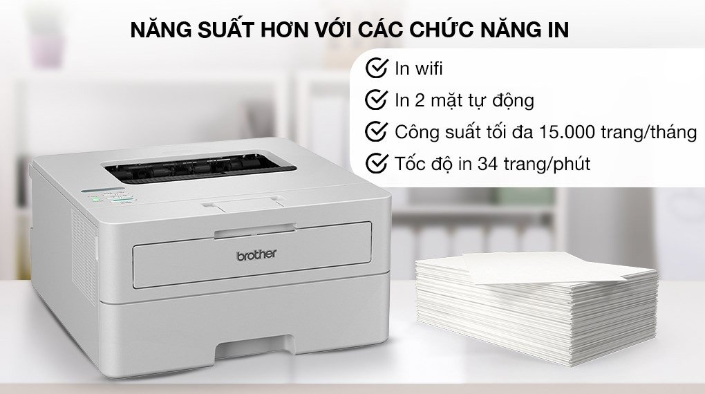 Biểu đồ minh họa công suất in hàng tháng ấn tượng của máy in laser trắng đen Brother HL-B2180DW Wifi.