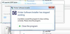 Hình ảnh minh họa lỗi cài đặt driver máy in HP 1020 với thông báo "Printer Software Installer has stopped working"