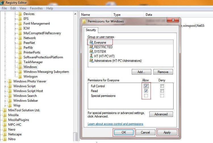 Cấp quyền Full Control trong Registry Editor để sửa lỗi máy in