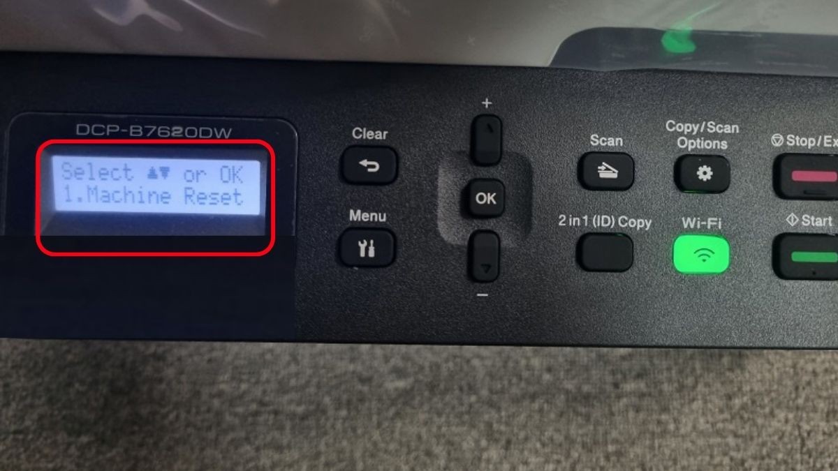 Chọn mục Machine Reset trên màn hình máy in Brother