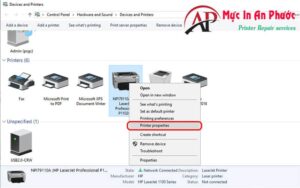Menu ngữ cảnh khi click chuột phải vào biểu tượng máy in