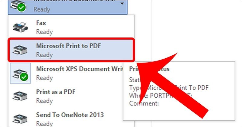 Máy in ảo Microsoft Print to PDF hiển thị trong danh sách