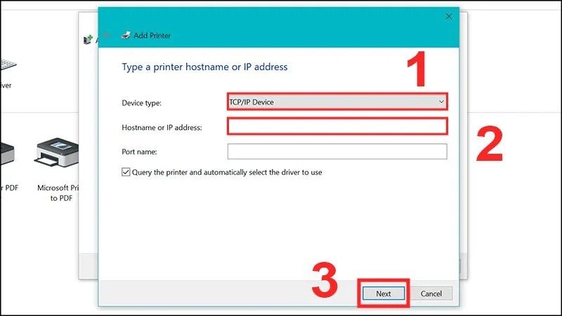Thêm máy in bằng địa chỉ TCP/IP trong trường hợp máy in không tự động xuất hiện