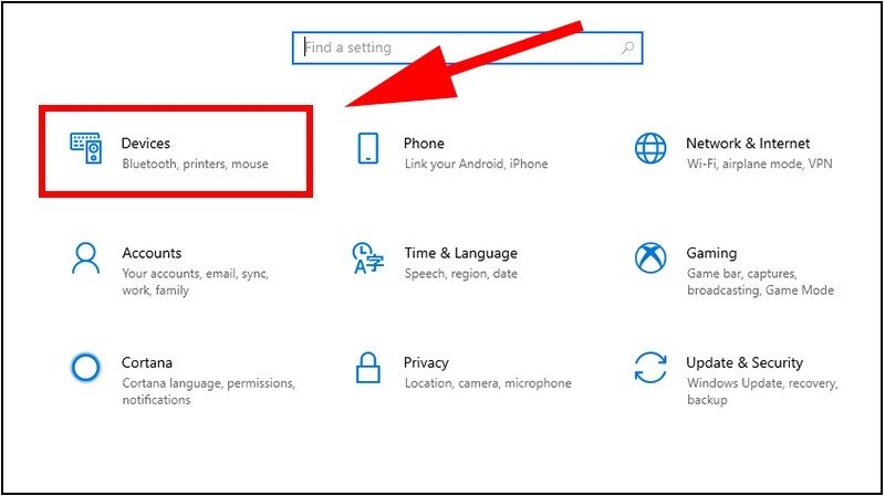 Truy cập mục Devices trong cài đặt Windows để quản lý máy in