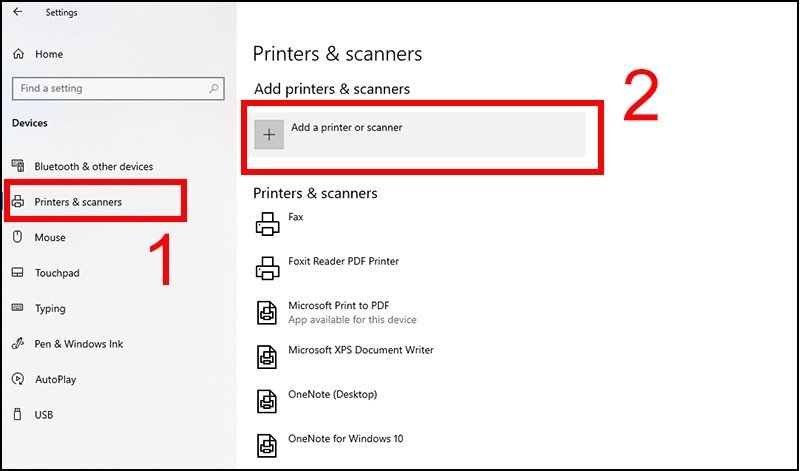Nhấn nút Add a printer or scanner để Windows tìm kiếm máy in
