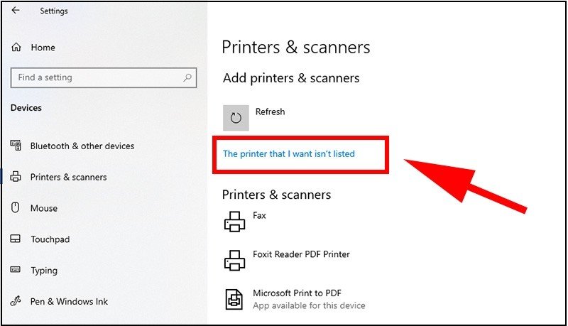 Tùy chọn khi máy in không được tìm thấy tự động trong danh sách