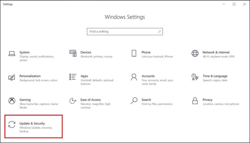 Truy cập mục Update & Security trong cài đặt Windows