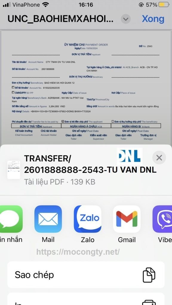 Giao diện hiển thị các tùy chọn chia sẻ file ủy nhiệm chi ACB