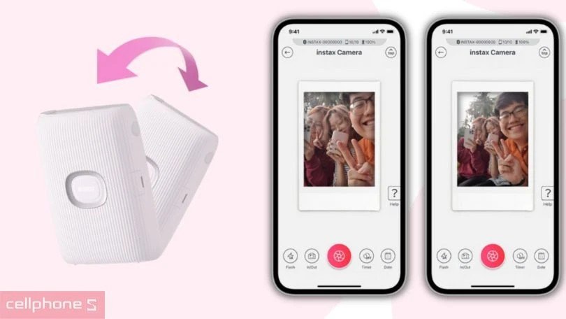 Minh họa tính năng kết nối Bluetooth và in ảnh nhanh chóng của máy in ảnh mini Fujifilm