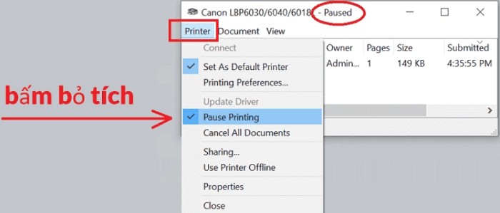 Hướng dẫn bỏ chọn Pause Printing để sửa lỗi máy in bị pause