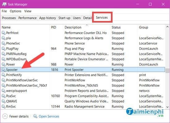 Truy cập tab Services trong Task Manager và tìm tiến trình Spooler để khởi động lại