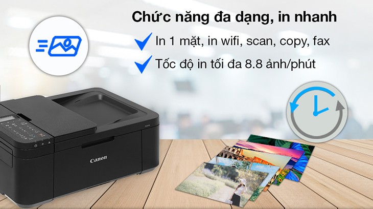 Máy in phun màu Canon TR4570S tích hợp đầy đủ các chức năng in, scan, copy, fax và kết nối WiFi tiện dụng