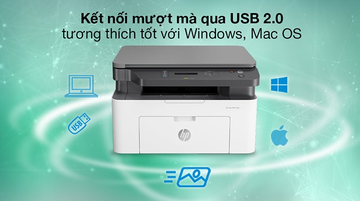 Máy in HP Laser Trắng đen đa năng LaserJet 135a có khả năng kết nối qua USB 2.0 và tương thích tốt với Windows, MacOS