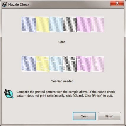 Bản in kiểm tra vòi phun máy in Epson hiển thị các đường kẻ mực không đều do tắc nghẽn.