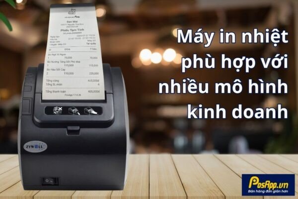 Nhiều mẫu máy in hóa đơn nhiệt khác nhau được trưng bày, cho thấy sự đa dạng về kiểu dáng và kích thước.