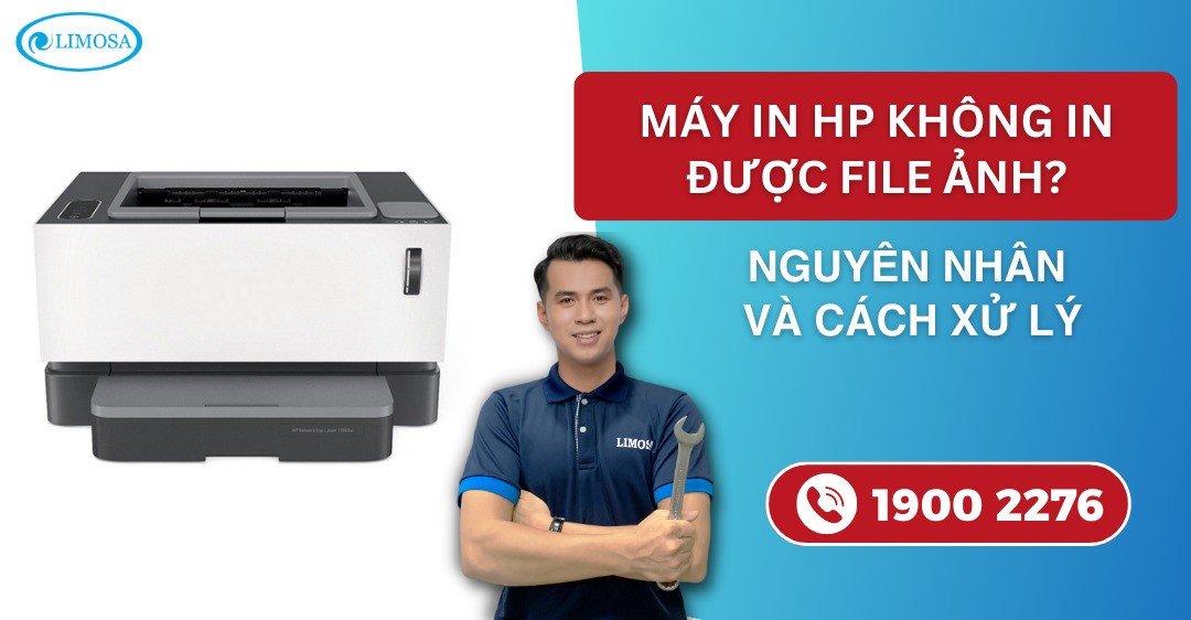 Máy in HP và biểu tượng lỗi, minh họa sự cố không in được file ảnh